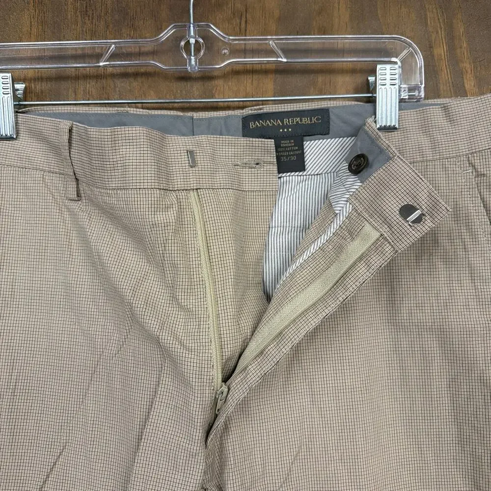 Banana Republic Mens Pants Tan Brown Black Plaid Straight Lightweight 35x30